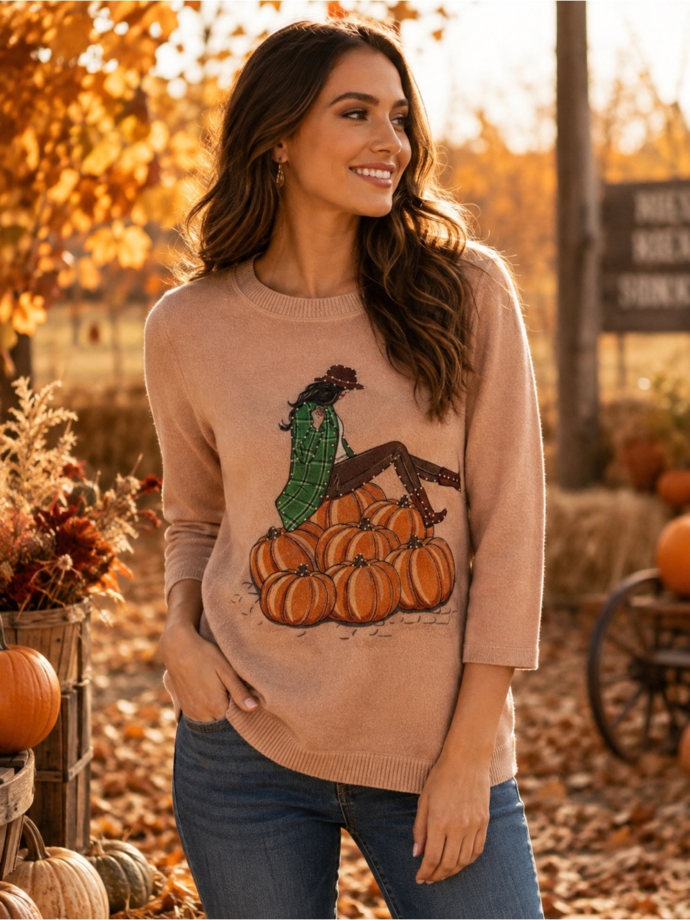 Kiss & Fly Pumpkin Fall Graphic Sweater Women’s M Beige/Tan Pullover